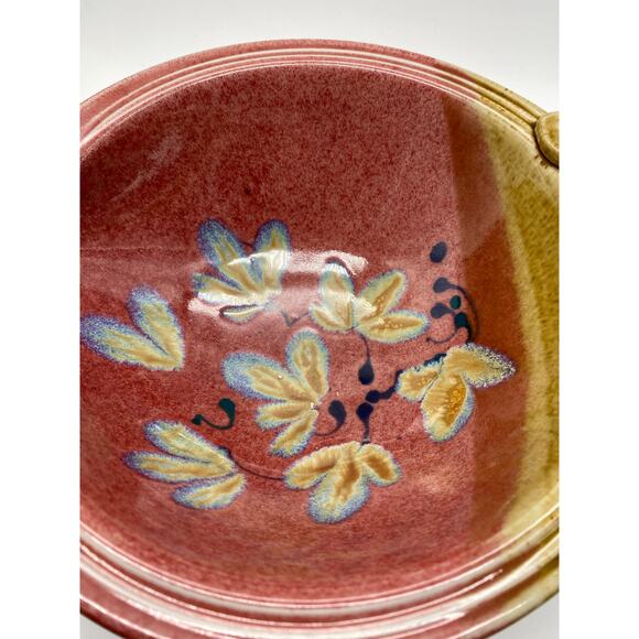 Handmade Pottery handled dish pour spout round red floral Signed Art pottery - Picture 8 of 8